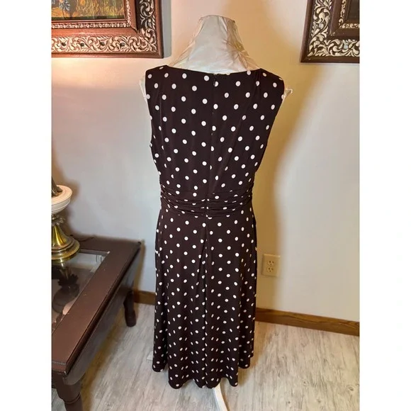 Y2K Jessica Howard Dress Brown White Polka Dot Sleeveless Midi Career Casual - Picture 5 of 16